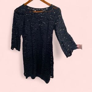 Cute black lace scalloped hem party mini dress lined 3/4 sleeve whimsigoth boho